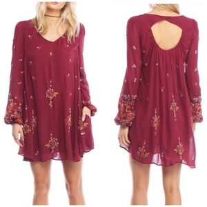 FREE PEOPLE Oxford Floral Embroidered Mini Swing Dress In Burgundy Size S